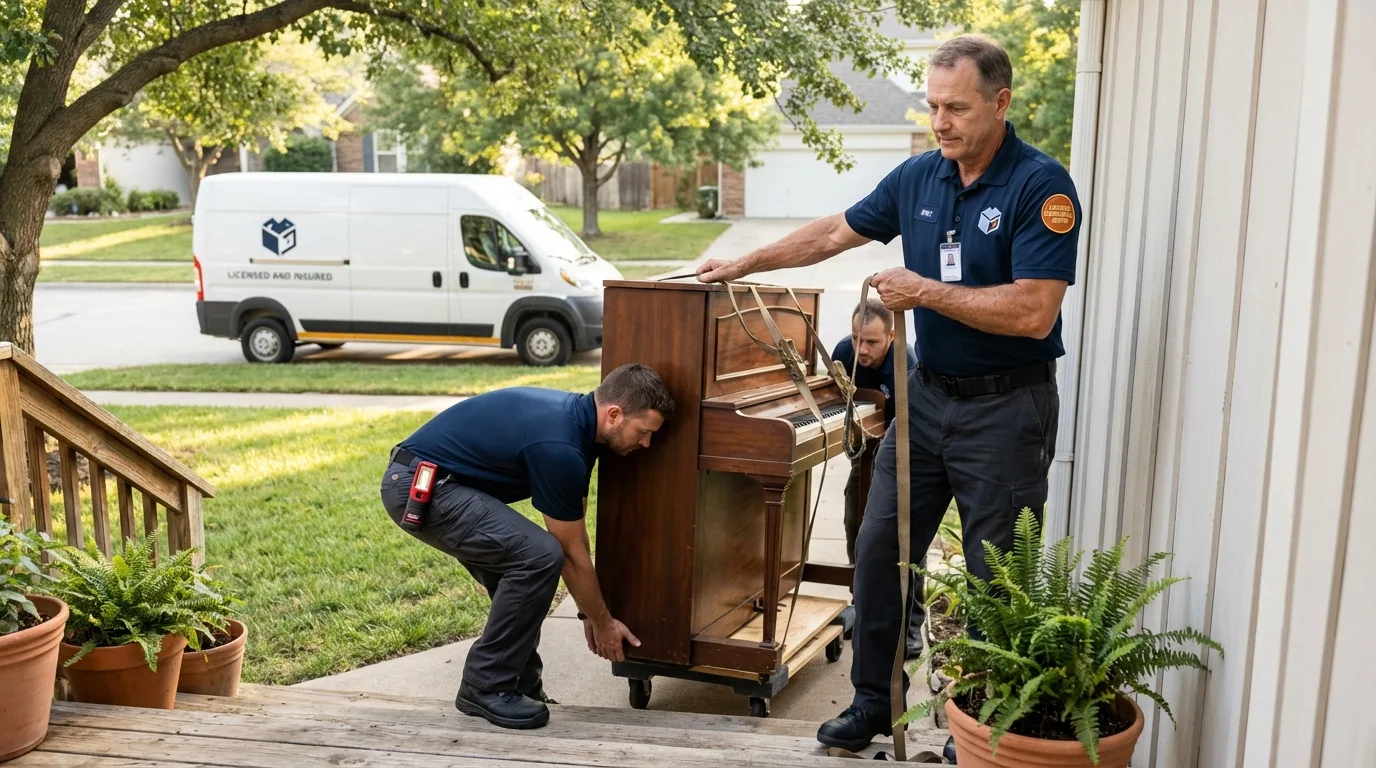 Licensed piano movers securing grand piano in Gas City, IN