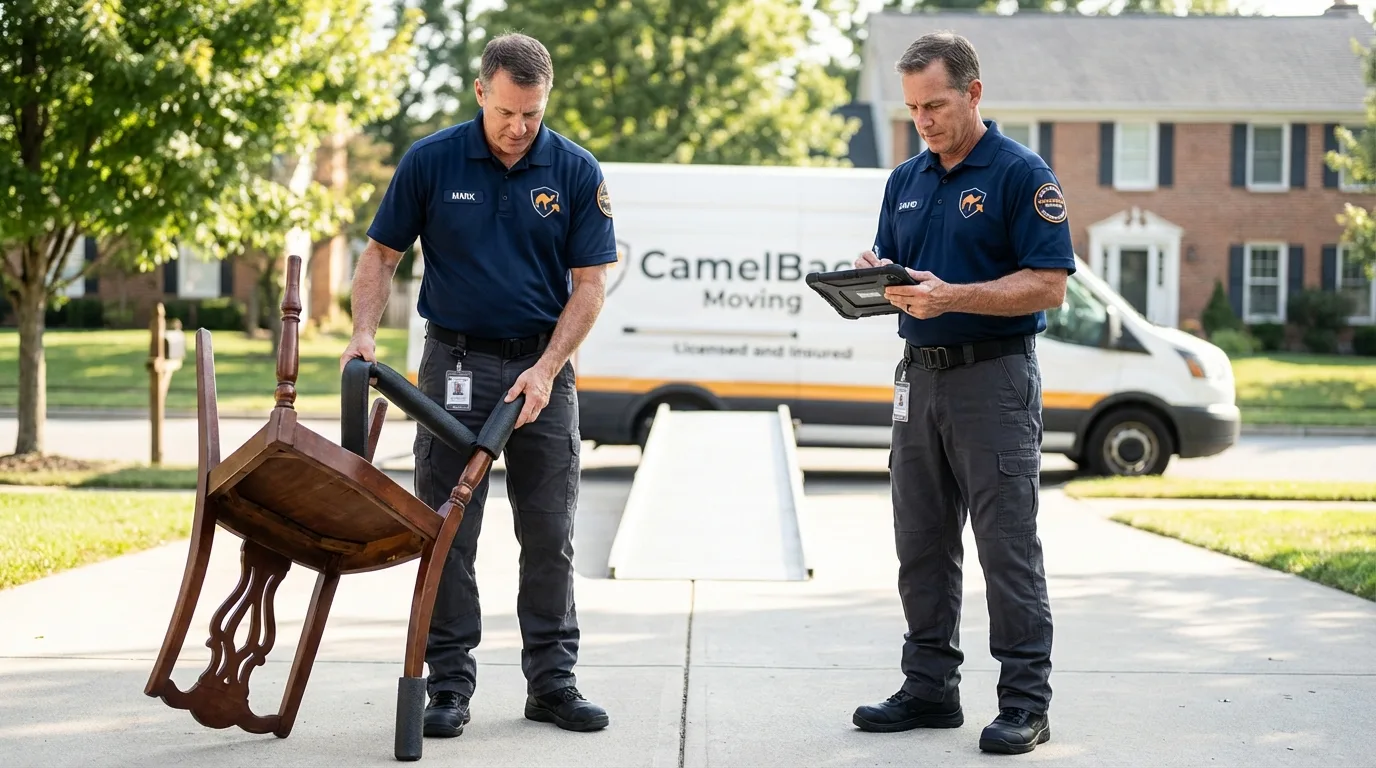 Movers inspecting furniture for damage prevention before loading in Gas City, IN