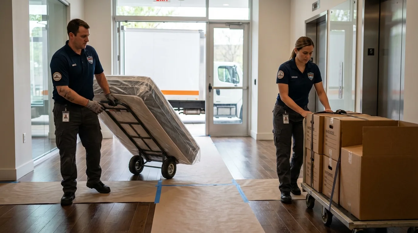 Professional apartment movers loading elevator in Gas City, IN