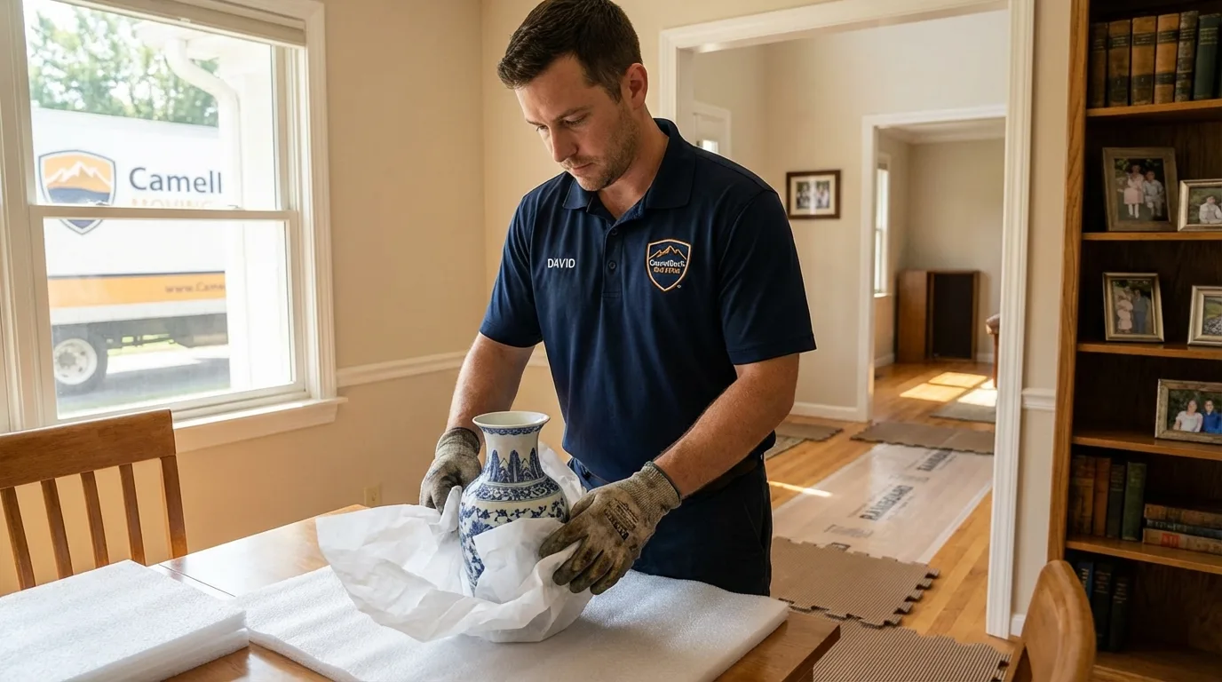 Professional crew carefully wrapping antique vase for senior downsizing move in Gas City, IN
